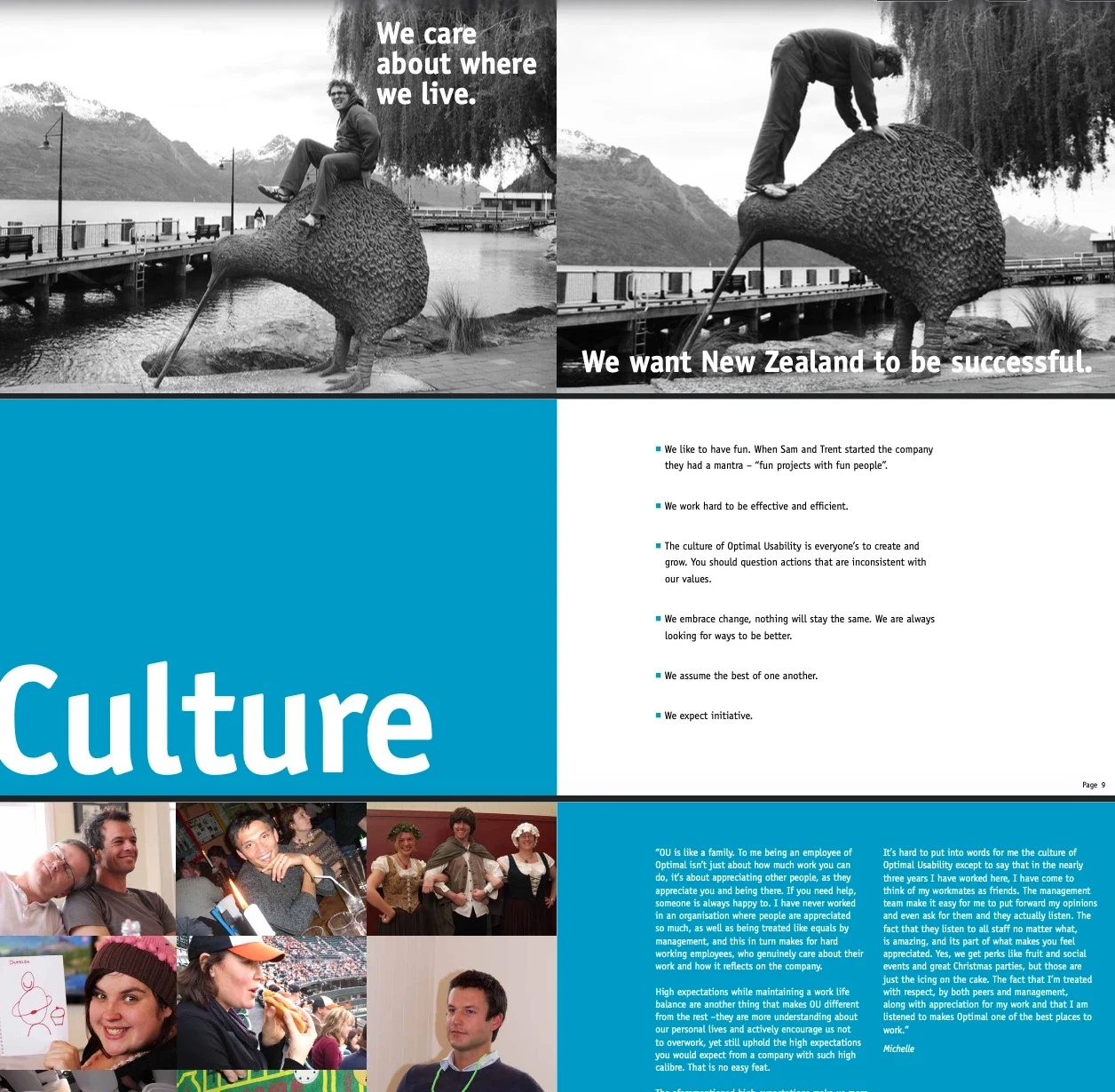 A spread from the Optimal Usability Culture Book covering vision, values and culture