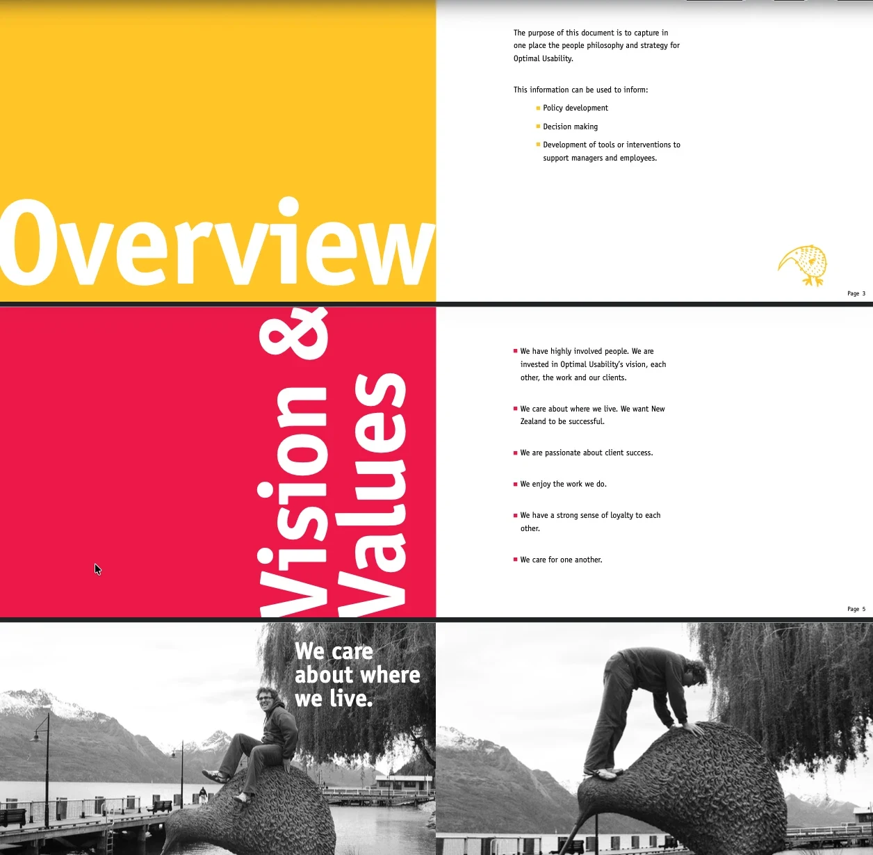 A spread from the Optimal Usability Culture Book covering overview and vision and values
