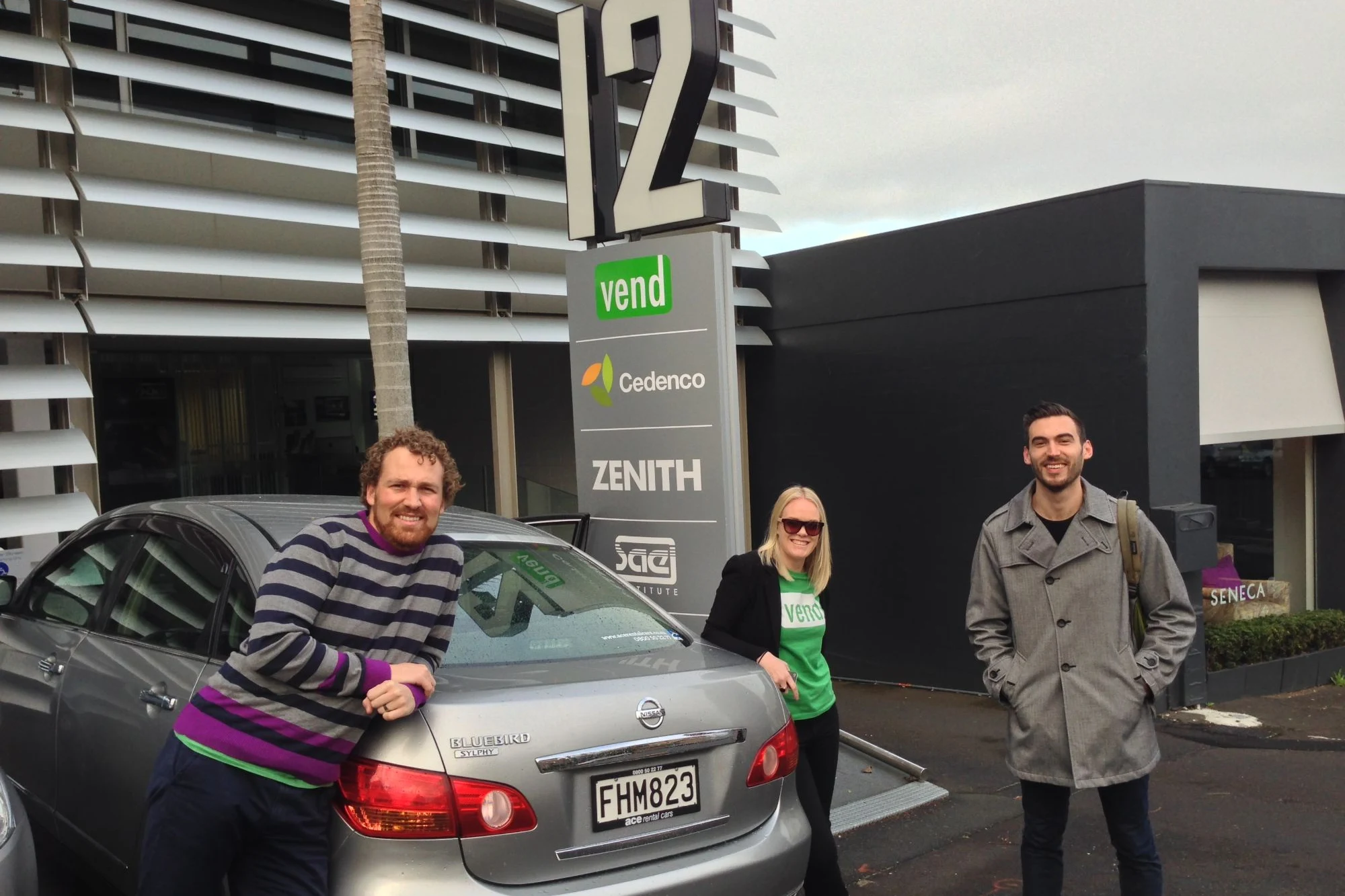 Trent, Kirsti Grant and Rowan Oulton in front of the Vend office