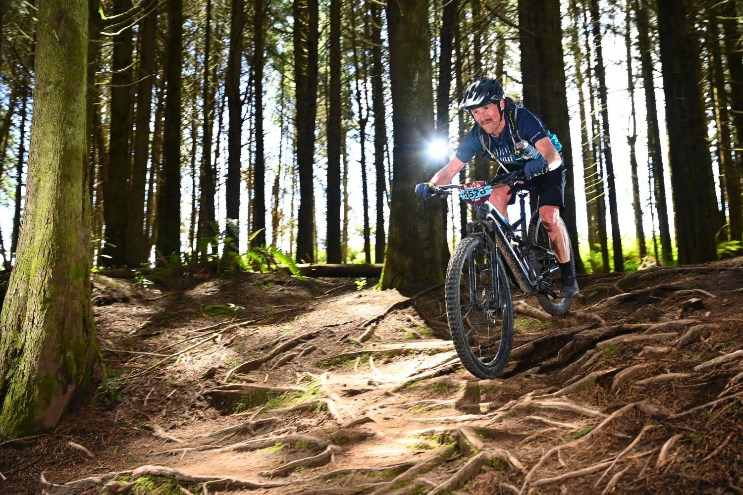 Trent riding a mountain bike down a rooty forest trail during a race