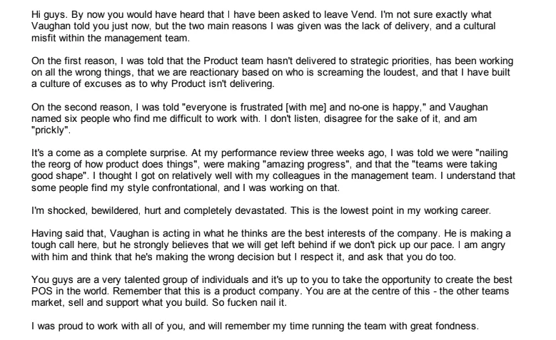 Scan of the email Trent wrote to his team after being fired in 2013