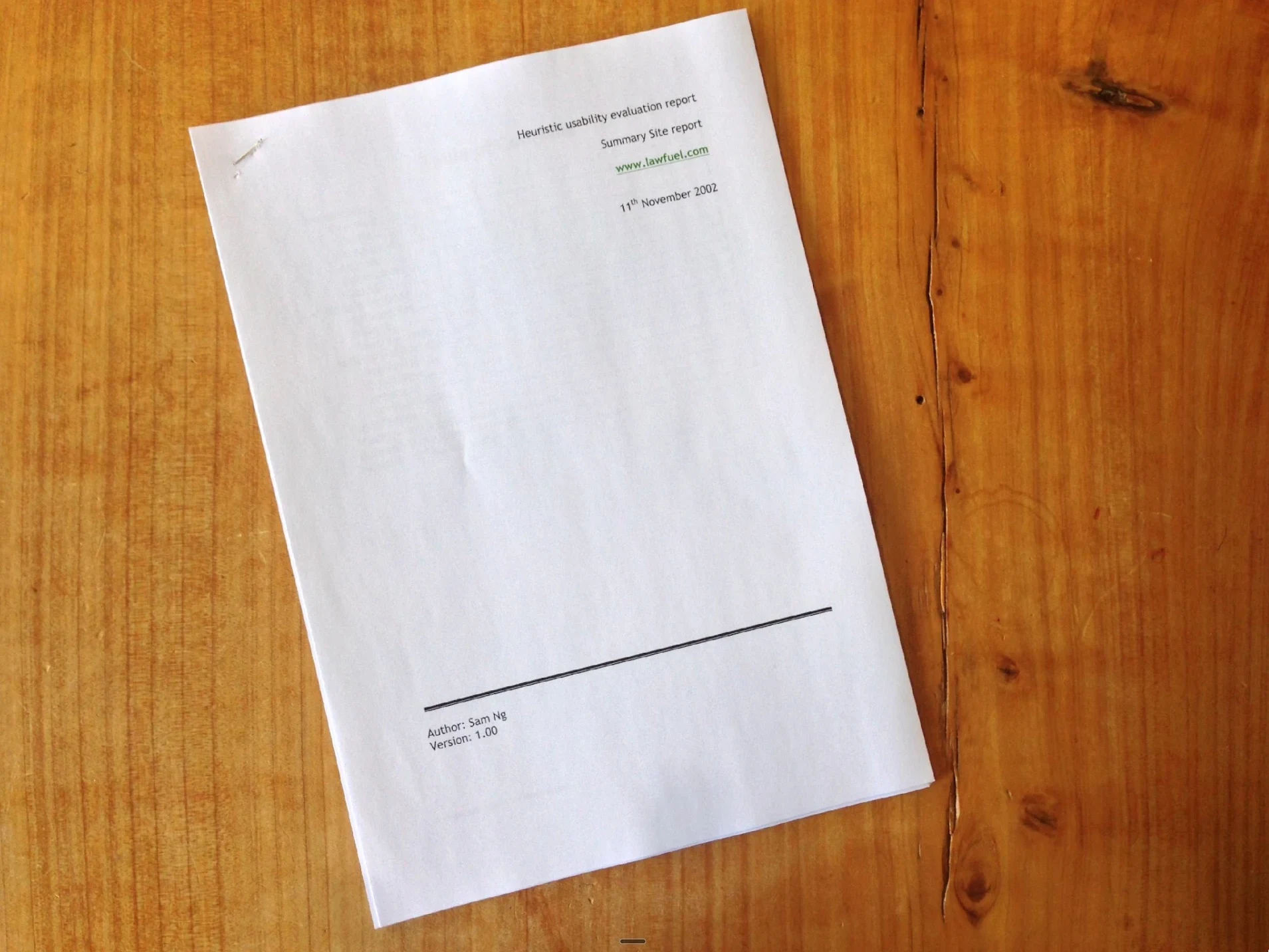 The cover page of the first heuristic usability evaluation report for lawfuel.com, dated 11 November 2002