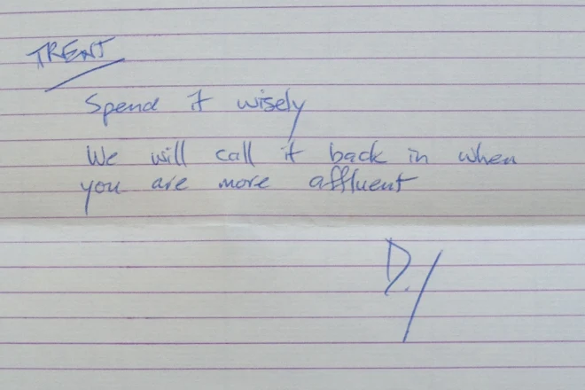 A handwritten loan note from Trent's dad, scanned straight on