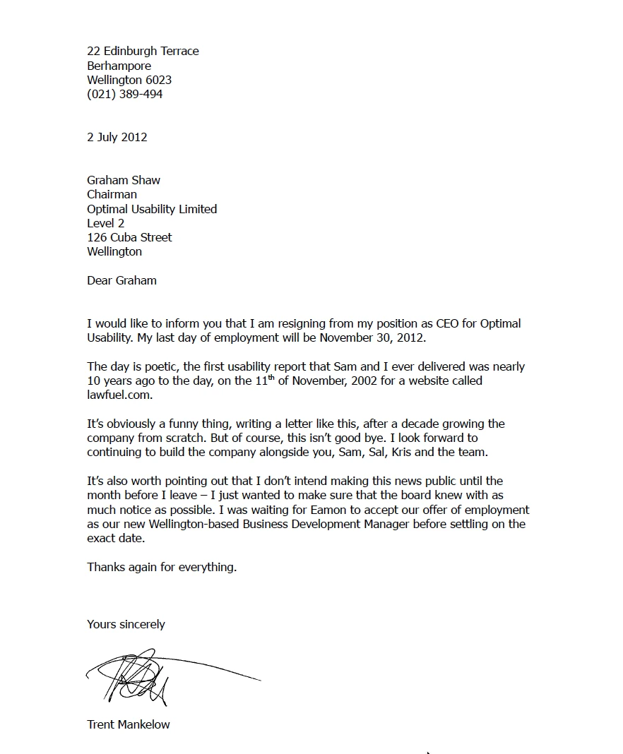 Trent's resignation letter as CEO of Optimal Usability, dated 2 July 2012