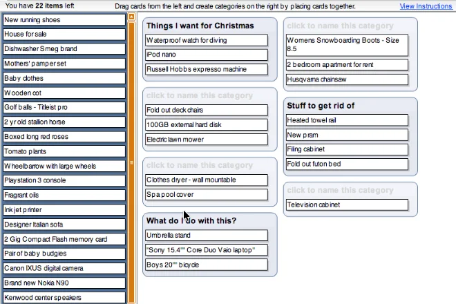 Screenshot of the earliest OptimalSort interface