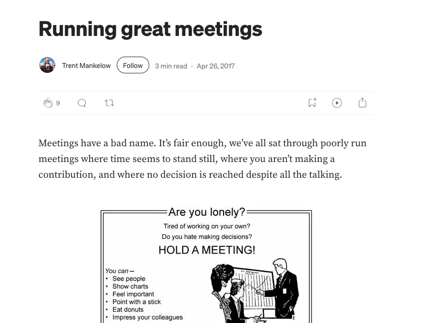 A Medium article titled 'Running great meetings' by Trent Mankelow