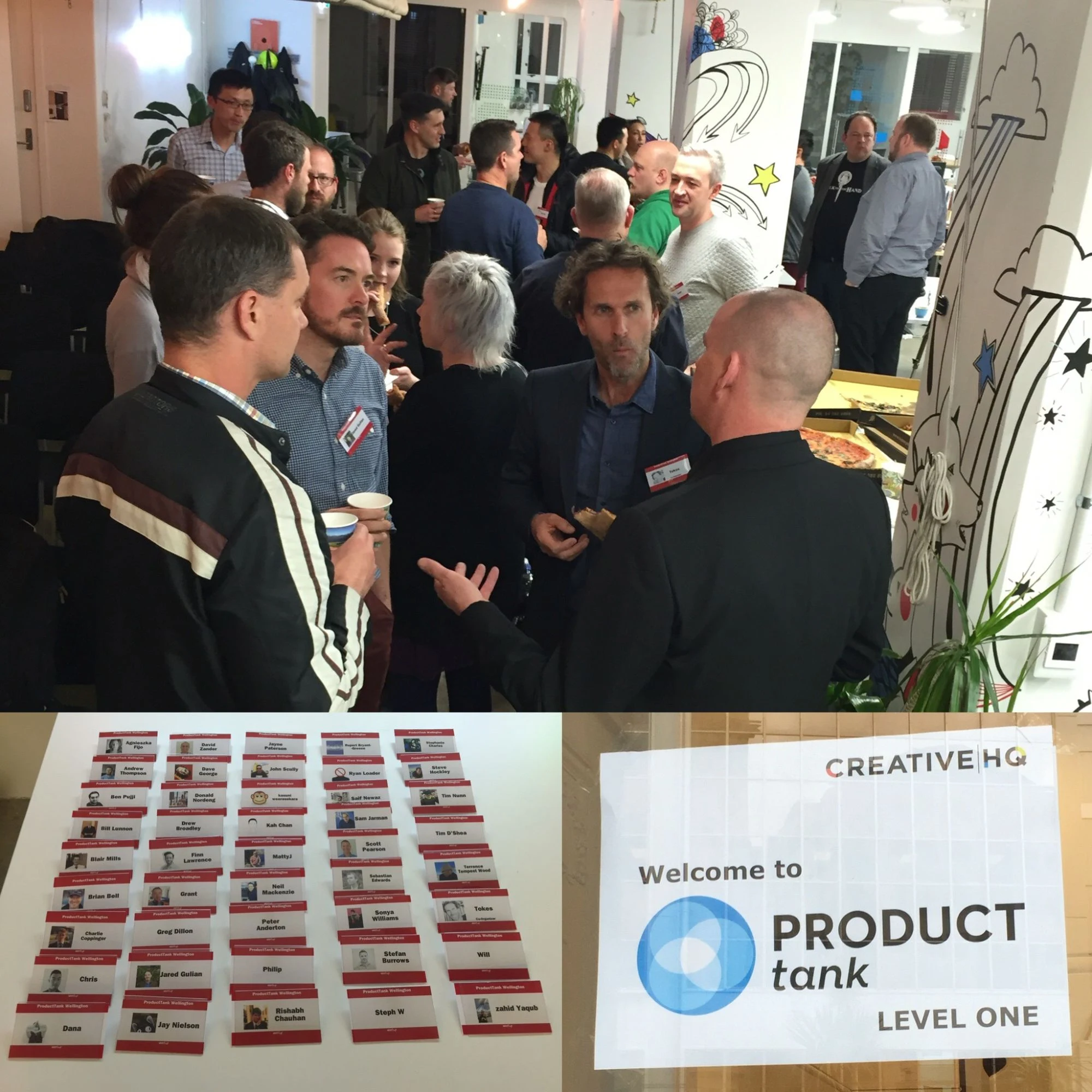 A collage from ProductTank Wellington: attendees mingling, a wall of name badges, and the welcome sign