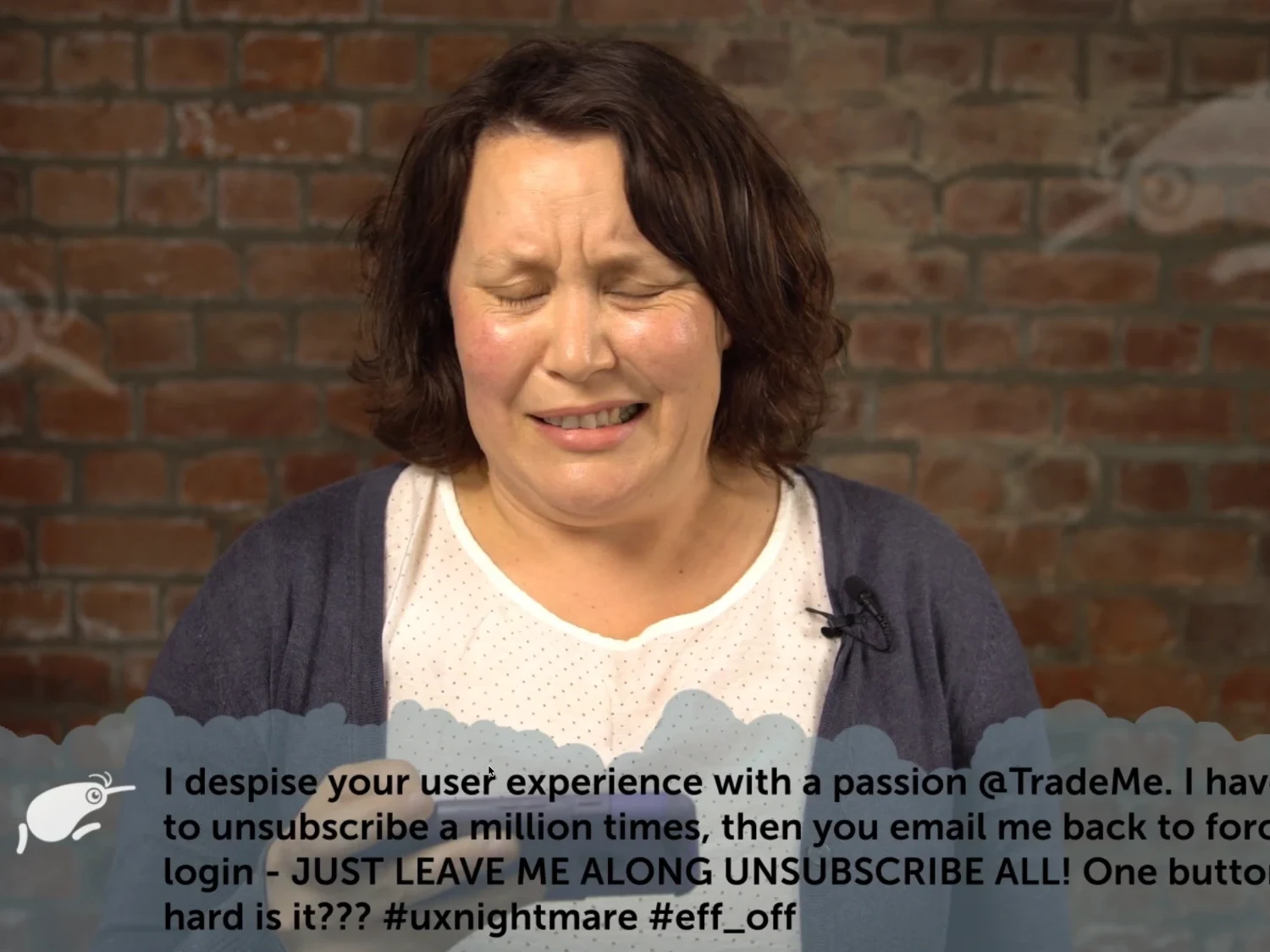 A MeanTweets-style video of someone reading a critical tweet about Trade Me