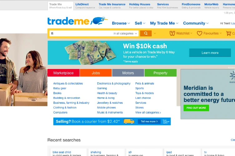 The Trade Me homepage with its marketplace category navigation